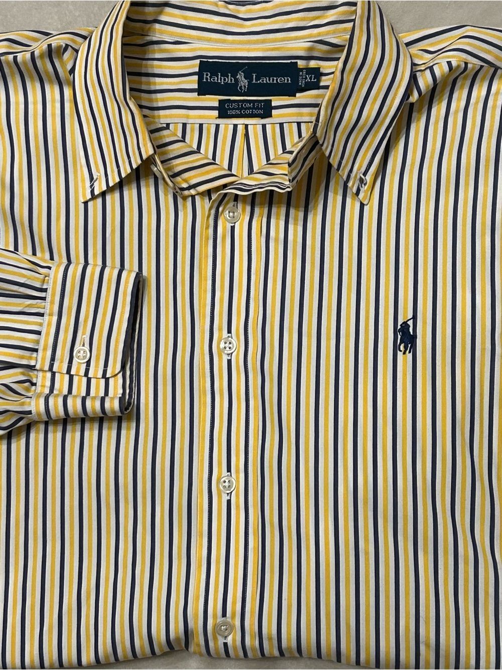 Polo Ralph Lauren Shirt Mens XL Custom Fit Yellow Blue Stripe Long Sleeve Cotton